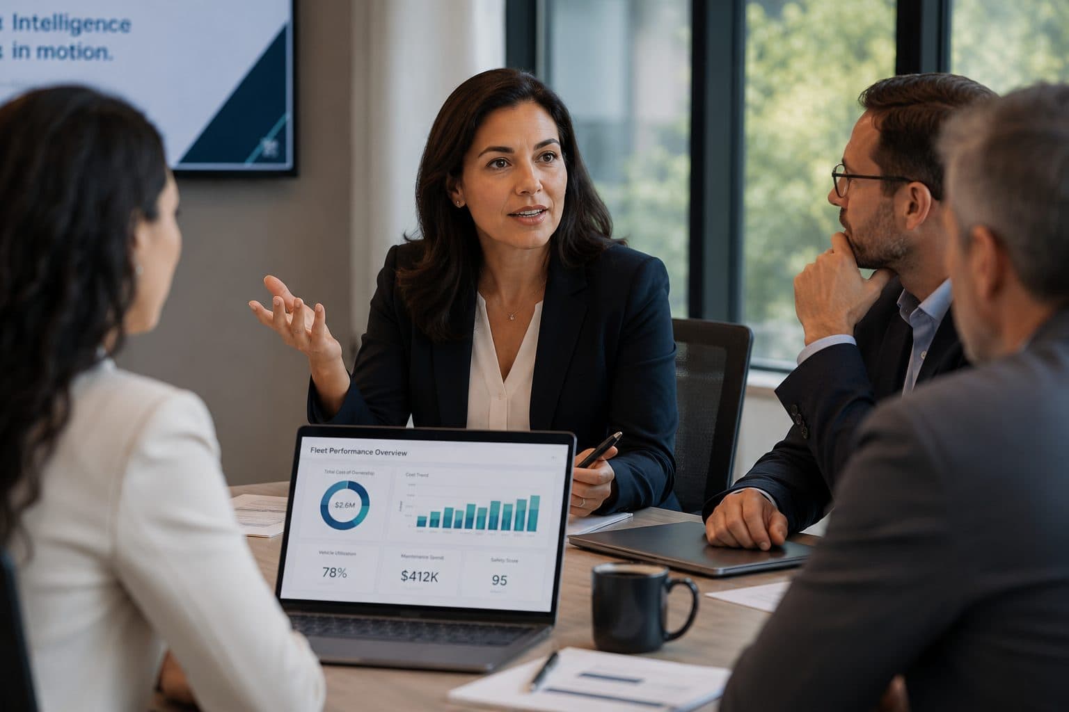 Business professional leading a discussion with colleagues during a meeting, with charts displayed on a laptop. Business professional leading a discussion with colleagues during a meeting, with charts displayed on a laptop.