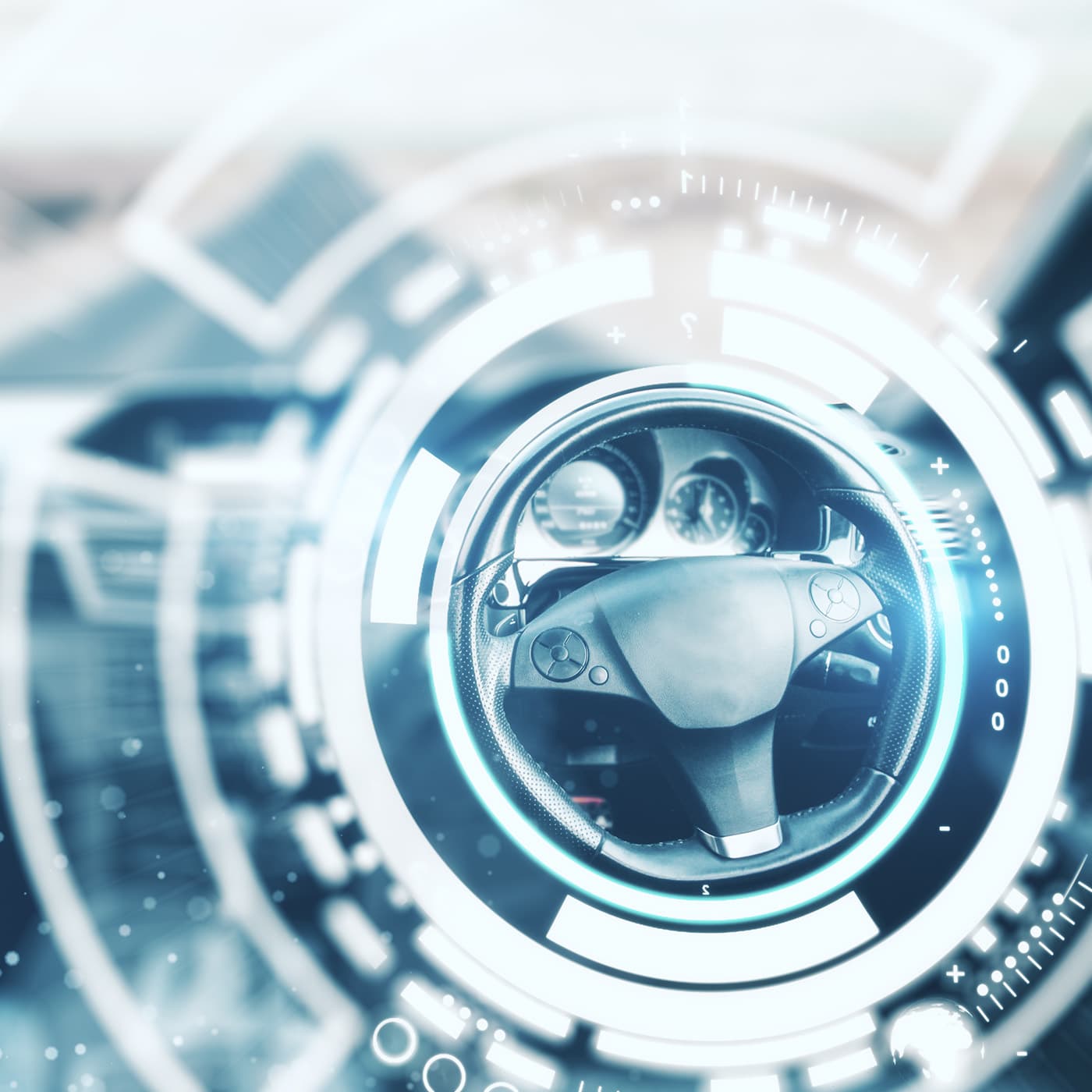 Abstract car interior with digital hologram around wheel. Abstract car interior with digital hologram around wheel.