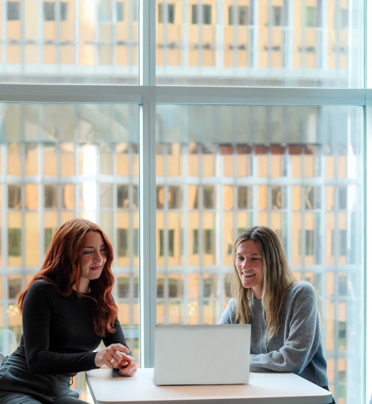 Two professionals collaborating on a laptop in a modern office with large windows, discussing work and reviewing information together. Two professionals collaborating on a laptop in a modern office with large windows, discussing work and reviewing information together.