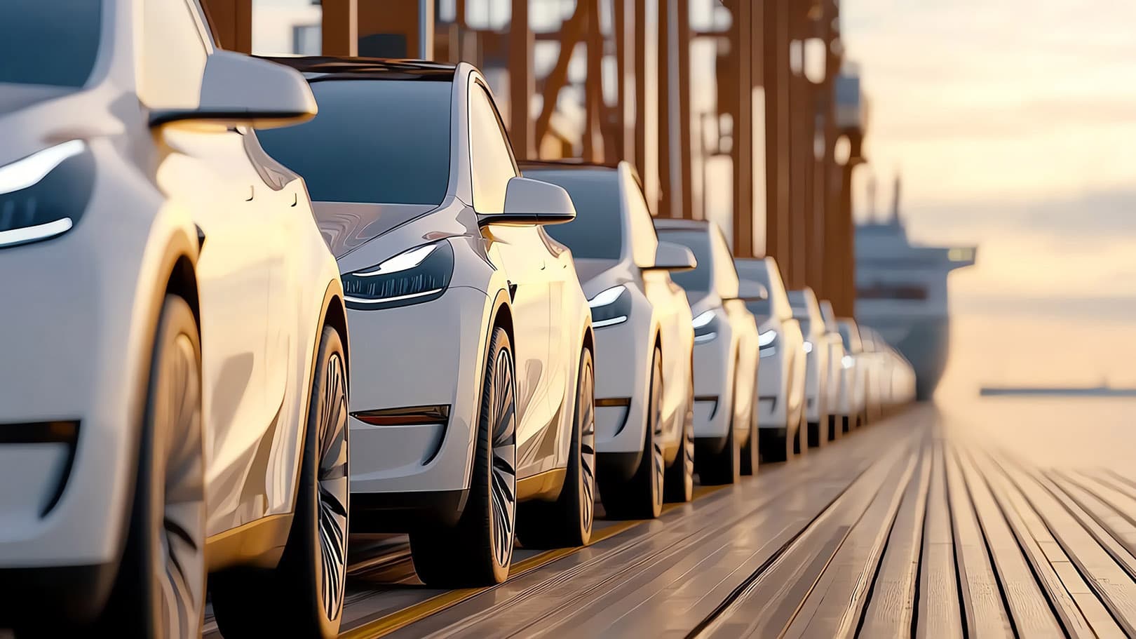 Electric cars lined up in rows, ready for shipping and distribution. Electric cars lined up in rows, ready for shipping and distribution.