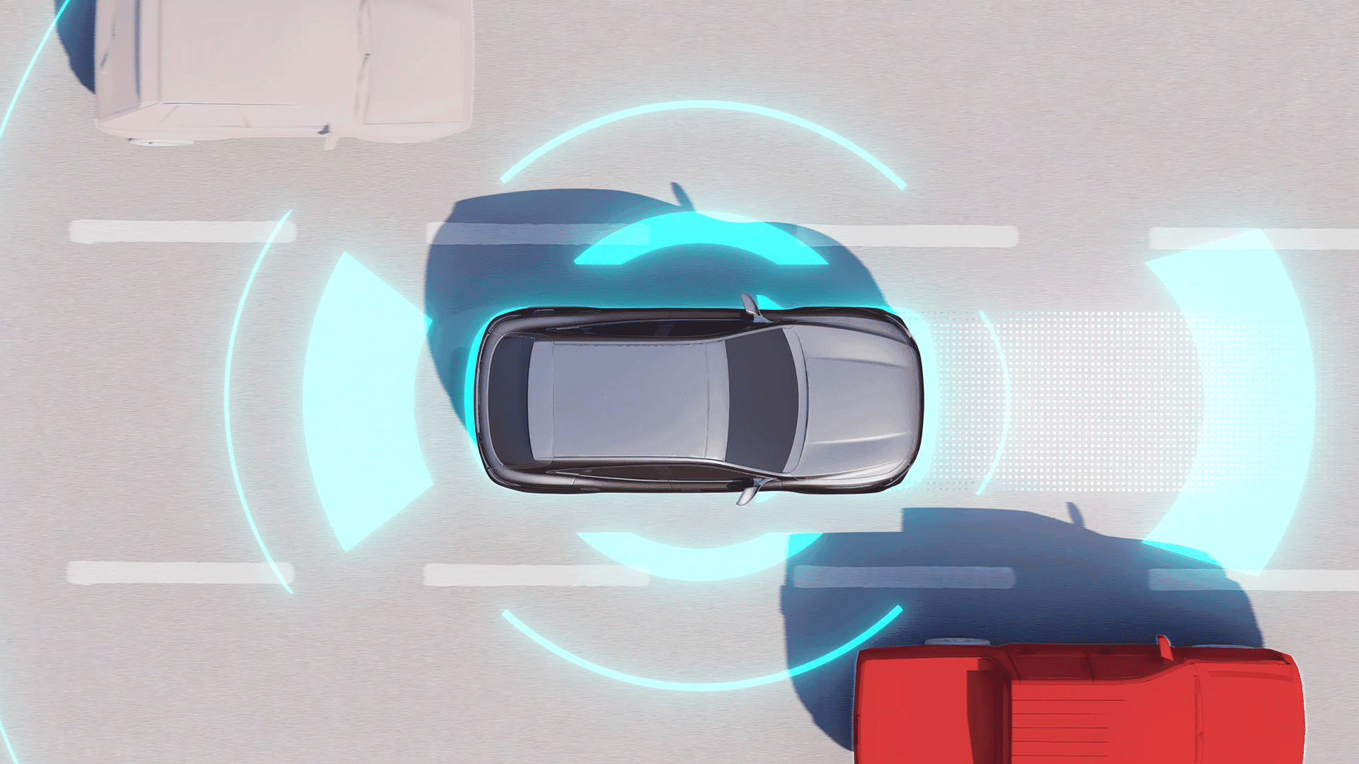 Top-down view of a car surrounded by digital sensors detecting nearby vehicles. Top-down view of a car surrounded by digital sensors detecting nearby vehicles.