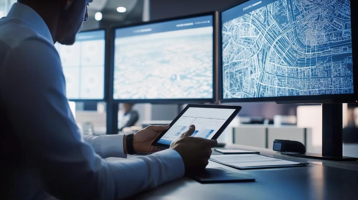 Person monitoring fleet data on digital screens. Person monitoring fleet data on digital screens.