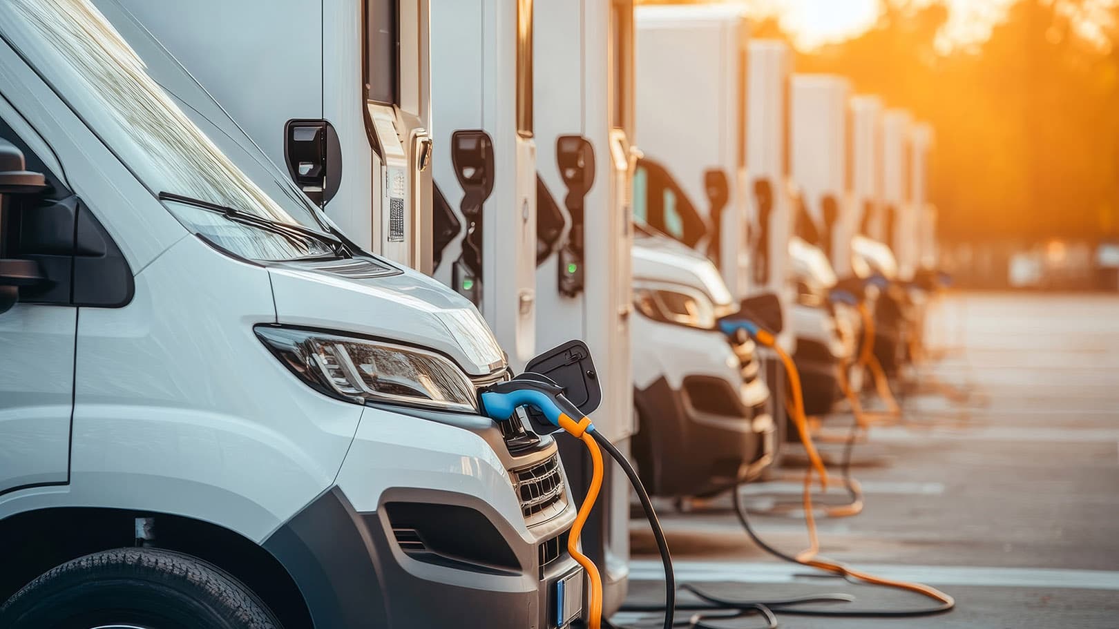 Electric delivery vans charging at a station during sunset. Electric delivery vans charging at a station during sunset.
